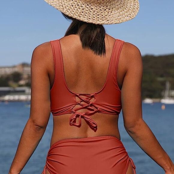 Beachsissi Burnt Orange Twist Lace Up Bikini Top M - Picture 3 of 6